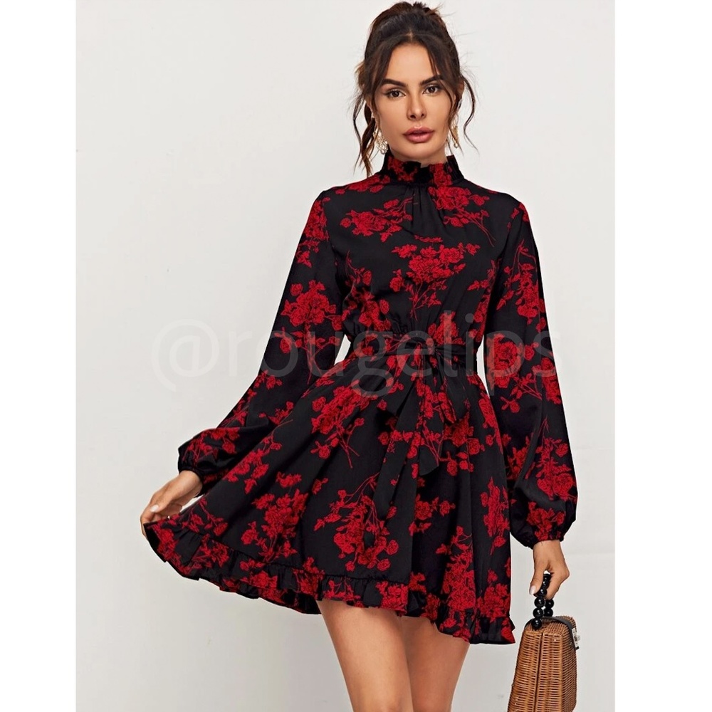 Red on Black Floral Mini Dress High Neck Long Sleeve Backless - Picture 3 of 8